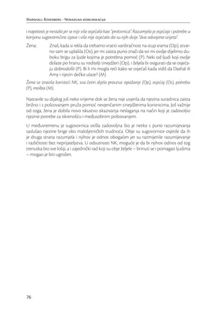 Marshall Rosenberg - Nenasilna komunikacija

i napetosti je nestalo jer se nije više osjećala kao “protivnica”. Razumjela je osjećaje i potrebe u
korijenu sugovorničine izjave i više nije osjećala da su njih dvije “dva odvojena svijeta”.
Žena:         Znaš, kada si rekla da trebamo vratiti vanbračnost na stup srama (Op), stvar-
              no sam se uplašila (Os), jer mi zaista puno znači da svi mi ovdje dijelimo du-
              boku brigu za ljude kojima je potrebna pomoć (P). Neki od ljudi koji ovdje
              dolaze po hranu su roditelji tinejdžeri (Op), i željela bi osigurati da se osjeća-
              ju dobrodošli (P). Bi li mi mogla reći kako se osjećaš kada vidiš da Dashal ili
              Amy i njezin dečko ulaze? (M)
Žena se izrazila koristeći NK, sva četiri dijela procesa: opažanje (Op), osjećaj (Os), potrebu
(P), molba (M).

Nastavile su dijalog još neko vrijeme dok se žena nije uvjerila da njezina suradnica zaista
brižno i s poštovanjem pruža pomoć nevjenčanim tinejdžerima korisnicima. Još važnije
od toga, žena je dobila novo iskustvo iskazivanja neslaganja na način koji je zadovoljio
njezine potrebe za iskrenošću i međusobnim poštovanjem.
U međuvremenu je sugovornica otišla zadovoljna što je netko s puno razumijevanja
saslušao njezine brige oko maloljetničkih trudnoća. Obje su sugovornice osjetile da ih
je druga strana razumjela i njihov je odnos obogaćen jer su razmijenile razumijevanje
i različitosti bez neprijateljstva. U odsutnosti NK, moguće je da bi njihov odnos od tog
trenutka bio sve lošiji, a i zajednički rad koji su obje željele – brinuti se i pomagati ljudima
– mogao je biti ugrožen.




76
 