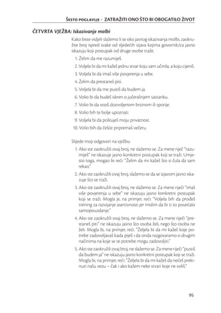 Šesto poglavlje - ZATRAŽITI ONO ŠTO BI OBOGATILO ŽIVOT

ČETVRTA VJEŽBA: Iskazivanje molbi
                Kako biste vidjeli slažemo li se oko jasnog iskazivanja molbi, zaokru-
                žite broj ispred svake od sljedećih izjava kojima govornik/ca jasno
                iskazuju koji postupak od druge osobe traže.
                  1. Želim da me razumiješ.
                  2. Voljela bi da mi kažeš jednu stvar koju sam učinila, a koju cijeniš.
                  3. Voljela bi da imaš više povjerenja u sebe.
                  4. Želim da prestaneš piti.
                  5. Voljela bi da me pustiš da budem ja.
                  6. Volio bi da budeš iskren o jučerašnjem sastanku.
                  7. Volio bi da voziš dozvoljenom brzinom ili sporije.
                  8. Volio bih te bolje upoznati.
                  9. Voljela bi da poštuješ moju privatnost.
                 10. Volio bih da češće pripremaš večeru.

                Slijede moji odgovori na vježbu:
                  1. Ako ste zaokružili ovaj broj, ne slažemo se. Za mene riječ “razu-
                     miješ” ne iskazuje jasno konkretni postupak koji se traži. Umje-
                     sto toga, mogao bi reći: “Želim da mi kažeš što si čula da sam
                     rekao.”
                  2. Ako ste zaokružili ovaj broj, slažemo se da se izjavom jasno iska-
                     zuje što se traži.
                  3. Ako ste zaokružili ovaj broj, ne slažemo se. Za mene riječi “imaš
                     više povjerenja u sebe” ne iskazuju jasno konkretni postupak
                     koji se traži. Mogla je, na primjer, reći: “Voljela bih da prođeš
                     trening za razvijanje asertivnosti jer mislim da bi ti to povećalo
                     samopouzdanje.”
                  4. Ako ste zaokružili ovaj broj, ne slažemo se. Za mene riječi “pre-
                     staneš piti” ne iskazuju jasno što osoba želi, nego što osoba ne
                     želi. Mogla bi, na primjer, reći: “Željela bi da mi kažeš koje po-
                     trebe zadovoljavaš kada piješ i da onda razgovaramo o drugim
                     načinima na koje se te potrebe mogu zadovoljiti.”
                  5. Ako ste zaokružili ovaj broj, ne slažemo se. Za mene riječi “pustiš
                     da budem ja” ne iskazuju jasno konkretni postupak koji se traži.
                     Mogla bi, na primjer, reći: “Željela bi da mi kažeš da nećeš preki-
                     nuti našu vezu – čak i ako kažem neke stvari koje ne voliš.”




                                                                                     95
 