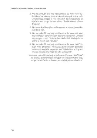 Marshall Rosenberg - Nenasilna komunikacija

                       6. Ako ste zaokružili ovaj broj, ne slažemo se. Za mene riječi “bu-
                          deš iskren” ne iskazuju jasno konkretni postupak koji se traži.
                          Umjesto toga, mogao bi reći: “Želio bih da mi kažeš kako se
                          osjećaš u vezi onoga što sam učinio i što bi volio da učinim
                          drugačije.”
                       7. Ako ste zaokružili ovaj broj, slažemo se da se izjavom jasno iska-
                          zuje što se traži.
                       8. Ako ste zaokružili ovaj broj, ne slažemo se. Za mene, ova reče-
                          nica ne iskazuje jasno konkretni postupak koji se traži. Umjesto
                          toga, mogao bi reći: “Volio bi da mi kažeš bi li željela jednom
                          tjedno sa mnom izaći na ručak.”
                       9. Ako ste zaokružili ovaj broj, ne slažemo se. Za mene riječi “po-
                          štuješ moju privatnost” ne iskazuju jasno konkretni postupak
                          koji se traži. Mogla bi, na primjer, reći: “Voljela bi da se dogovo-
                          rimo da pokucaš prije nego što uđeš u moj ured.”
                     10. Ako ste zaokružili ovaj broj, ne slažemo se. Za mene riječi “češće”
                         ne iskazuju jasno konkretni postupak koji se traži. Umjesto toga,
                         mogao bi reći: “Volio bi da svaki ponedjeljak pripremaš večeru.”




96
 