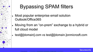 Classification: //Secureworks/Public Use:© SecureWorks, Classification: //Secureworks/Confidential - Limited External Distribution:
Bypassing SPAM filters
 Most popular enterprise email solution
Outlook/Office365
 Moving from an “on-prem” exchange to a hybrid or
full cloud model
 test@[domain].com vs test@[domain.]onmicrosft.com
 