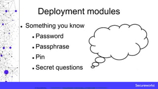Classification: //Secureworks/Public Use:© SecureWorks, Classification: //Secureworks/Confidential - Limited External Distribution:
Deployment modules
 Something you know
 Password
 Passphrase
 Pin
 Secret questions
 