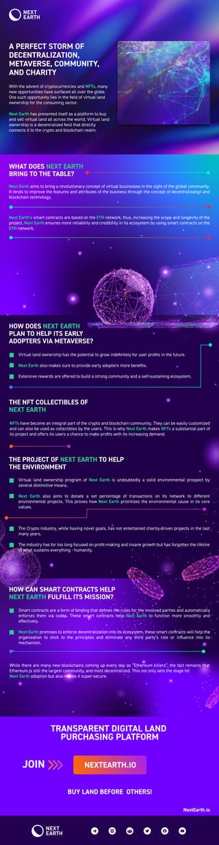 A PERFECT STORM OF
DECENTRALIZATION,
METAVERSE, COMMUNITY,
AND CHARITY
WHAT DOES NEXT EARTH
BRING TO THE TABLE?
HOW DOES NEXT EARTH
PLAN TO HELP ITS EARLY
ADOPTERS VIA METAVERSE?
THE NFT COLLECTIBLES OF
NEXT EARTH
THE PROJECT OF NEXT EARTH TO HELP
THE ENVIRONMENT
HOW CAN SMART CONTRACTS HELP
NEXT EARTH FULFILL ITS MISSION?
Next Earth has presented itself as a platform to buy
and sell virtual land all across the world. Virtual land
ownership is a decentralized field that directly
connects it to the crypto and blockchain realm.
Next Earth aims to bring a revolutionary concept of virtual businesses in the sight of the global community.
It tends to improve the features and attributes of the business through the concept of decentralization and
blockchain technology.
twitter.com/Ne
xtEarth_
t.me/next_
earth
https://www.
reddit.com/r/
NextEarth
youtube.com/
channel/UCoZ
wNXBc7rKiiyD
g1f_XFgg
discord.com
/invite/Ymr
AsCFvjG
facebook.co
m/NextEarth
.io
https://nextearth.io/
TRANSPARENT DIGITAL LAND
PURCHASING PLATFORM
JOIN
BUY LAND BEFORE OTHERS!
NextEarth.io
https://nextearth.io/
https://www.nextearth.io/
With the advent of cryptocurrencies and NFTs, many
new opportunities have surfaced all over the globe.
One such opportunity lies in the field of virtual land
ownership for the consuming sector.
https://nextearth.io/
Next Earth’s smart contracts are based on the ETH network, thus, increasing the scope and longevity of the
project. Next Earth ensures more reliability and credibility in its ecosystem by using smart contracts on the
ETH network.
https://nextearth.io/
Virtual land ownership has the potential to grow indefinitely for user profits in the future.
Next Earth also makes sure to provide early adopters more benefits.
Extensive rewards are offered to build a strong community and a self-sustaining ecosystem.
NFTs have become an integral part of the crypto and blockchain community. They can be easily customized
and can also be used as collectibles by the users. This is why Next Earth makes NFTs a substantial part of
its project and offers its users a chance to make profits with its increasing demand.
Virtual land ownership program of Next Earth is undoubtedly a solid environmental prospect by
several distinctive means.
Next Earth also aims to donate a set percentage of transactions on its network to different
environmental projects. This proves how Next Earth prioritizes the environmental cause in its core
values.
The Crypto industry, while having novel goals, has not entertained charity-driven projects in the last
many years.
The industry has for too long focused on profit-making and insane growth but has forgotten the lifeline
of what sustains everything - humanity.
Smart contracts are a form of binding that defines the rules for the involved parties and automatically
enforces them via codes. These smart contracts help Next Earth to function more smoothly and
effectively.
Next Earth promises to enforce decentralization into its ecosystem, these smart contracts will help the
organization to stick to the principles and eliminate any third party’s role or influence into its
mechanism.
While there are many new blockchains coming up every day as “Ethereum killers”, the fact remains that
Ethereum is still the largest community, and most decentralized. This not only sets the stage for
Next Earth adoption but also makes it super-secure.
 