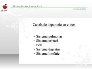 Canals de depuració en el nen Sistema pulmonar Sistema urinari Pell Sistema digestiu Sistema limfàtic 