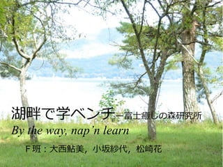 湖畔で学ベンチー富士癒しの森研究所 
By the way, nap’n learn 
Ｆ班：大西鮎美，小坂紗代，松崎花 
 
