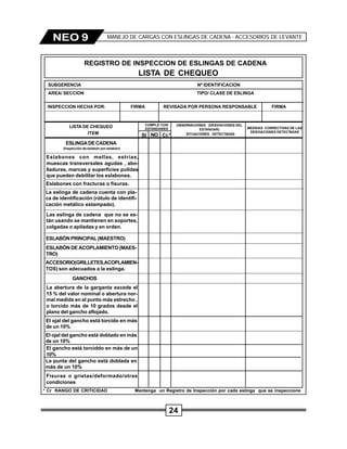 24
NEO 9 MANEJO DE CARGAS CON ESLINGAS DE CADENA - ACCESORIOS DE LEVANTE
REGISTRO DE INSPECCION DE ESLINGAS DE CADENA
SUBGERENCIA Nº IDENTIFICACION
LISTA DE CHEQUEO
LISTA DE CHEQUEO
AREA/ SECCION TIPO/ CLASE DE ESLINGA
INSPECCION HECHA POR: FIRMA REVISADA POR PERSONA RESPONSABLE FIRMA
CUMPLE CON
ESTANDARES
OBSERVACIONES (DESVIACIONES DEL
ESTANDAR)
SI NOITEM
(Inspección de eslabón por eslabón)
Eslabones con fracturas o fisuras.
Las eslinga de cadena que no se es-
tán usando se mantienen en soportes,
colgadas o apiladas y en orden.
ESLINGADECADENA
ESLABÓNPRINCIPAL(MAESTRO)
ESLABÓN DE ACOPLAMIENTO (MAES-
TRO)
Cr.*
* Cr RANGO DE CRITICIDAD Mantenga un Registro de Inspección por cada eslinga que se inspeccione
SITUACIONES DETECTADAS
ACCESORIO(GRILLETES,ACOPLAMIEN-
TOS) son adecuados a la eslinga.
La eslinga de cadena cuenta con pla-
ca de identificación (rótulo de identifi-
cación metálico estampado).
Eslabones con mellas, estrías,
muescas transversales agudas , abo-
lladuras, marcas y superficies pulidas
que pueden debilitar los eslabones.
GANCHOS
La abertura de la garganta excede el
15 % del valor nominal o abertura nor-
mal medida en el punto más estrecho ,
o torcido más de 10 grados desde el
plano del gancho aflojado.
El ojal del gancho está torcido en más
de un 10%
El ojal del gancho está doblado en más
de un 10%
El gancho está torciddo en más de un
10%
La punta del gancho está doblada en
más de un 10%
Fisuras o grietas/deformado/otras
condiciones
MEDIDAS CORRECTIVAS DE LAS
DESVIACIONES DETECTADAS
 