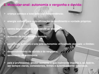 2. Muscular­anal: autonomia x vergonha e duvida: 

 criança começa a lutar pela sua independência;


 energia voltada para auto­afirmação: entendimento e vontade próprios; 


 centro das atividades: processos de eliminação 


 aumento da coordenação motora;


 período de teimosia e luta pela autonomia: dificuldade dos pais ⇒ limites;


 desenvolvimento da dúvida e da vergonha; 
 sentimento de autonomia 
 
 pais e professores: proibir somente o que realmente importa e, ao fazê­lo, 
  ser sempre claros, consistentes, firmes e autenticamente amorosos.
 