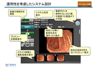 運用性を考慮したシステム設計
スライス枚数と
撮影画像の表示
容量の視認性を
確保
システム状況
表示
プレビュー
全画面表示
電源ボタンを
使用することなく集
中電源でも電源オフ
が可能
他社には無い
患者氏名の
漢字・カナ表示
他社の追従を許さ
ないプレビュー表示
 