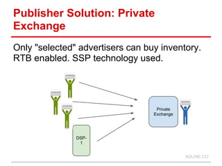 Publisher Solution: Private
Exchange
Only "selected" advertisers can buy inventory.
RTB enabled. SSP technology used.




                                   Private
                                  Exchange




               DSP-
                1


                                             ADLINE.CO
 