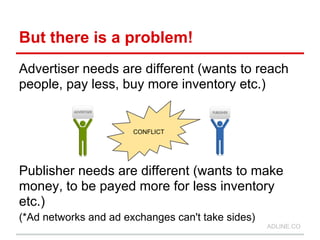 But there is a problem!
Advertiser needs are different (wants to reach
people, pay less, buy more inventory etc.)


                       CONFLICT




Publisher needs are different (wants to make
money, to be payed more for less inventory
etc.)
(*Ad networks and ad exchanges can't take sides)
                                                   ADLINE.CO
 