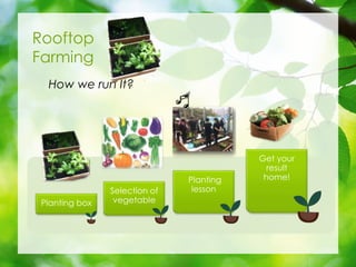 Planting box
Selection of
vegetable
Planting
lesson
Get your
result
home!
Rooftop
Farming
How we run It?
 