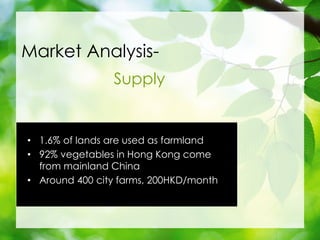 Market Analysis-
Supply
? 1.6% of lands are used as farmland
? 92% vegetables in Hong Kong come
from mainland China
? Around 400 city farms, 200HKD/month
 