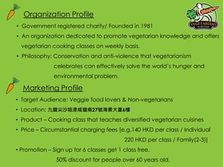 Organization Profile
? Government registered charity/ Founded in 1981
? An organization dedicated to promote vegetarian knowledge and offers
vegetarian cooking classes on weekly basis.
? Philosophy: Conservation and anti-violence that vegetarianism
celebrates can effectively solve the worlds hunger and
environmental problem.
Marketing Profile
? Target Audience: Veggie food lovers & Non-vegetarians
? Location: ɳ̵27̖B6
? Product C Cooking class that teaches diversified vegetarian cuisines
? Price C Circumstantial charging fees [e.g.140 HKD per class / Individual
220 HKD per class / Family(2-3)]
? Promotion C Sign up for 6 classes get 1 class free.
50% discount for people over 60 years old.
 
