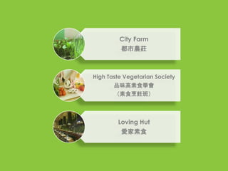 High Taste Vegetarian Society
ƷζʳW
ʳࣩ
City Farm
rf
Loving Hut
ۼʳ
 