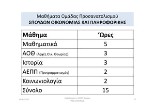 Μαθήματα Ομάδας Προσανατολισμού
ΣΠΟΥΔΩΝ ΟΙΚΟΝΟΜΙΑΣ ΚΑΙ ΠΛΗΡΟΦΟΡΙΚΗΣ
Μάθημα ‘Ωρες
Μαθηματικά 5
ΑΟΘ (Αρχές Οικ. Θεωρίας) 3ΑΟΘ (Αρχές Οικ. Θεωρίας) 3
Ιστορία 3
ΑΕΠΠ (Προγραμματισμός) 2
Κοινωνιολογία 2
Σύνολο 15
Καλοδήμος Δ. ΚΕΣΥΠ Λαμίας
http://sep4u.gr
1724/8/2015
 