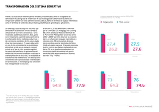 Transformación del sistema educativo

Frente a la situación del elearning en las empresas, el sistema educativo es el segmento de
demanda en el que el grado de penetración de las Tecnologías de la Información es menor, en
comparación también con otras administraciones públicas, tanto en términos de equipos informáticos
como en términos de contenidos desarrollados, plataformas de aprendizaje o aplicaciones.
Sin embargo, cada vez hay más estudios que
demuestran la correlación positiva entre la
utilización de las TI en la enseñanza y unos
resultados académicos positivos. Esto, junto
con el importante papel de la educación en la
transformación de los modelos productivos y
de crecimiento económico de los países, debe
situar las inversiones en TI para la educación
en una de las prioridades de las autoridades
educativas, y más en un momento como el
actual, en el que la crisis económica global
ha puesto de manifiesto el agotamiento del
modelo de crecimiento basado en exceso en la
sobreexplotación de recursos y la necesidad de
transformar ese modelo hacia uno en el que los
crecimientos de la productividad estén basados
en la innovación, la tecnología y una utilización
más inteligente de los recursos.

El estudio “ICT Test Bed Project” realizado
por el Centre for ICT, Pedagogy and Learning
Education and Social Research Institute de
la Manchester Metropolitan University entre
2002 y 20061 permitió observar la evolución
de los resultados en lenguaje, matemáticas y
ciencias entre 28 centros piloto de áreas
socio-económicamente deprimidas de Reino
Unido y la media nacional. El estudio mostraba
que los centros que habían implantado el uso
de las TIC en la enseñanza mejoraban sus
resultados significativamente más que la
media nacional, especialmente en alumnos
de entre 11 y 14 años.

Evolución comparada del rendimiento entre 2002 y 2006
de alumnos de entre 11 y 14 años

Colegios piloto

Media nacional

2002

2006

27,4
26,2

27,5
27,6
Ciencias

2002

2006

2002

2006

75
64,8

78
77,9

73
64,3

76
74,6

Lenguaje

Matemáticas

1

Fuente: Evaluation of the ICT Test Bed project, Final Report. Junio de 2007. Centre for ICT, Pedagogy and Learning
Education and Social Research Institute de la Manchester
Metropolitan University. http://www.evaluation.icttestbed.
org.uk/reports
NEO | LAS TI APLICADAS AL APRENDIZAJE

 