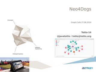 Neo4Dogs
Innovasjon
Intelligent Systems
Software
Engineering
Graph Cafe 27.06.2014
Totto-14
@javatotto / totto@totto.org
 