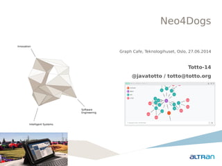 Neo4Dogs
Innovation
Intelligent Systems
Software
Engineering
Graph Cafe, Teknologihuset, Oslo, 27.06.2014
Totto-14
@javatotto / totto@totto.org
 