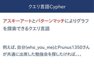クエリ言語Cypher
アスキーアートとパターンマッチによりグラフ
を探索できるクエリ言語
例えば、自分(who_you_me)とPrunus1350さん
が共通に出席した勉強会を探したければ、、、
 