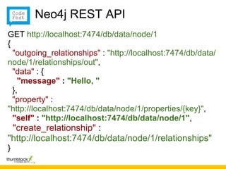 Neo4j REST API
GET http://localhost:7474/db/data/node/1
{
  "outgoing_relationships" : "http://localhost:7474/db/data/
node/1/relationships/out",
  "data" : {
    "message" : "Hello, "
  },
  "property" :
"http://localhost:7474/db/data/node/1/properties/{key}",
  "self" : "http://localhost:7474/db/data/node/1",
 "create_relationship" :
"http://localhost:7474/db/data/node/1/relationships"
}
 