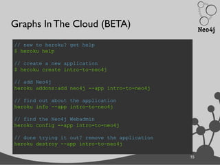 15
Graphs In The Cloud (BETA)
// new to heroku? get help
$ heroku help
// create a new application
$ heroku create intro-to-neo4j
// add Neo4j
heroku addons:add neo4j --app intro-to-neo4j
// find out about the application
heroku info --app intro-to-neo4j
// find the Neo4j Webadmin
heroku config --app intro-to-neo4j
// done trying it out? remove the application
heroku destroy --app intro-to-neo4j
15
 