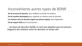 Inconvénients autres types de BDNR
Pas de structure de données pour modéliser ou stocker les relations
Pas de requêtes développées pour supporter les relations entre les données
Les relations entre les données exigent une jointure logique dans l’application
Pas de support ACID pour les transactions
… les bases de données NoSQL ne sont pas adaptées pour les process
exigeants des relations entre les données en temps réel
https://inesslimene.wixsite.com/moncours NEO4J 7
 