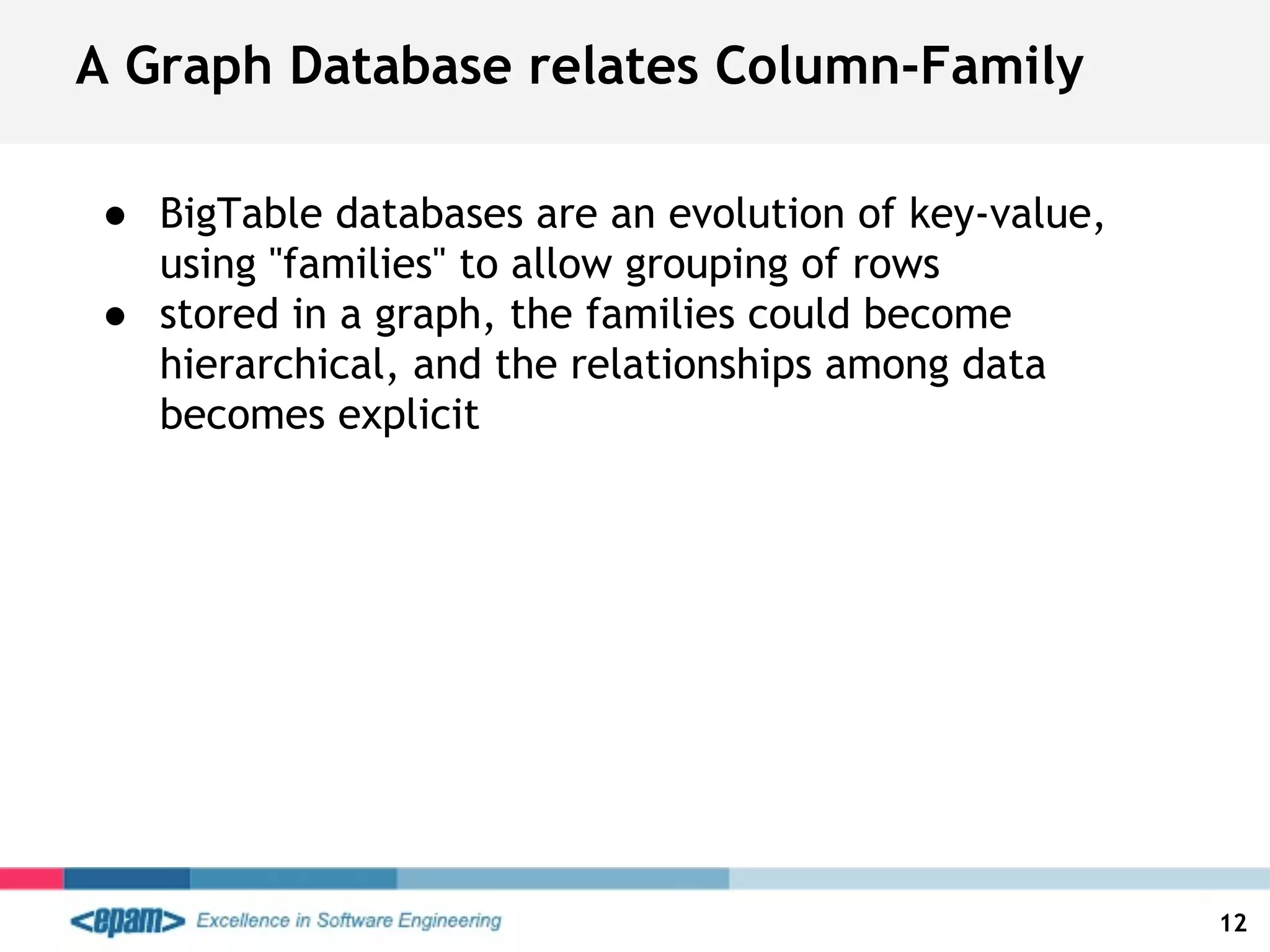 A Graph Database relates Column-Family
12
● BigTable databases are an evolution of key-value,
using "families" to allow grouping of rows
● stored in a graph, the families could become
hierarchical, and the relationships among data
becomes explicit
 