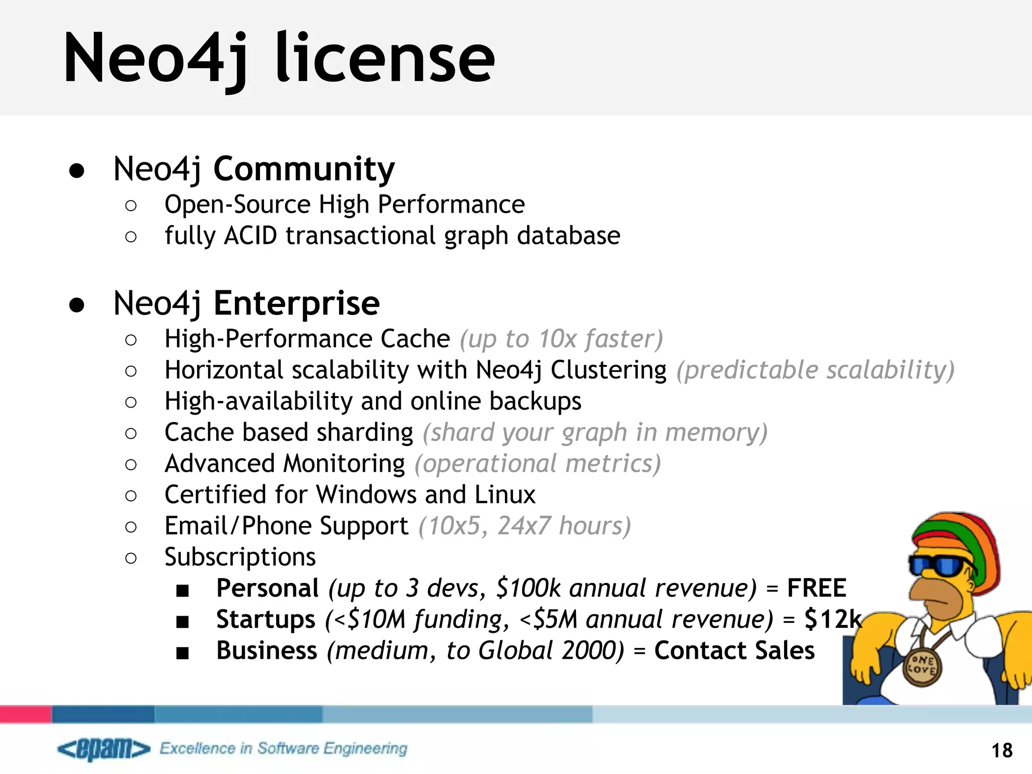 ● Neo4j Community
○ Open-Source High Performance
○ fully ACID transactional graph database
● Neo4j Enterprise
○ High-Performance Cache (up to 10x faster)
○ Horizontal scalability with Neo4j Clustering (predictable scalability)
○ High-availability and online backups
○ Cache based sharding (shard your graph in memory)
○ Advanced Monitoring (operational metrics)
○ Certified for Windows and Linux
○ Email/Phone Support (10x5, 24x7 hours)
○ Subscriptions
■ Personal (up to 3 devs, $100k annual revenue) = FREE
■ Startups (<$10M funding, <$5M annual revenue) = $12k
■ Business (medium, to Global 2000) = Contact Sales
18
Neo4j license
 