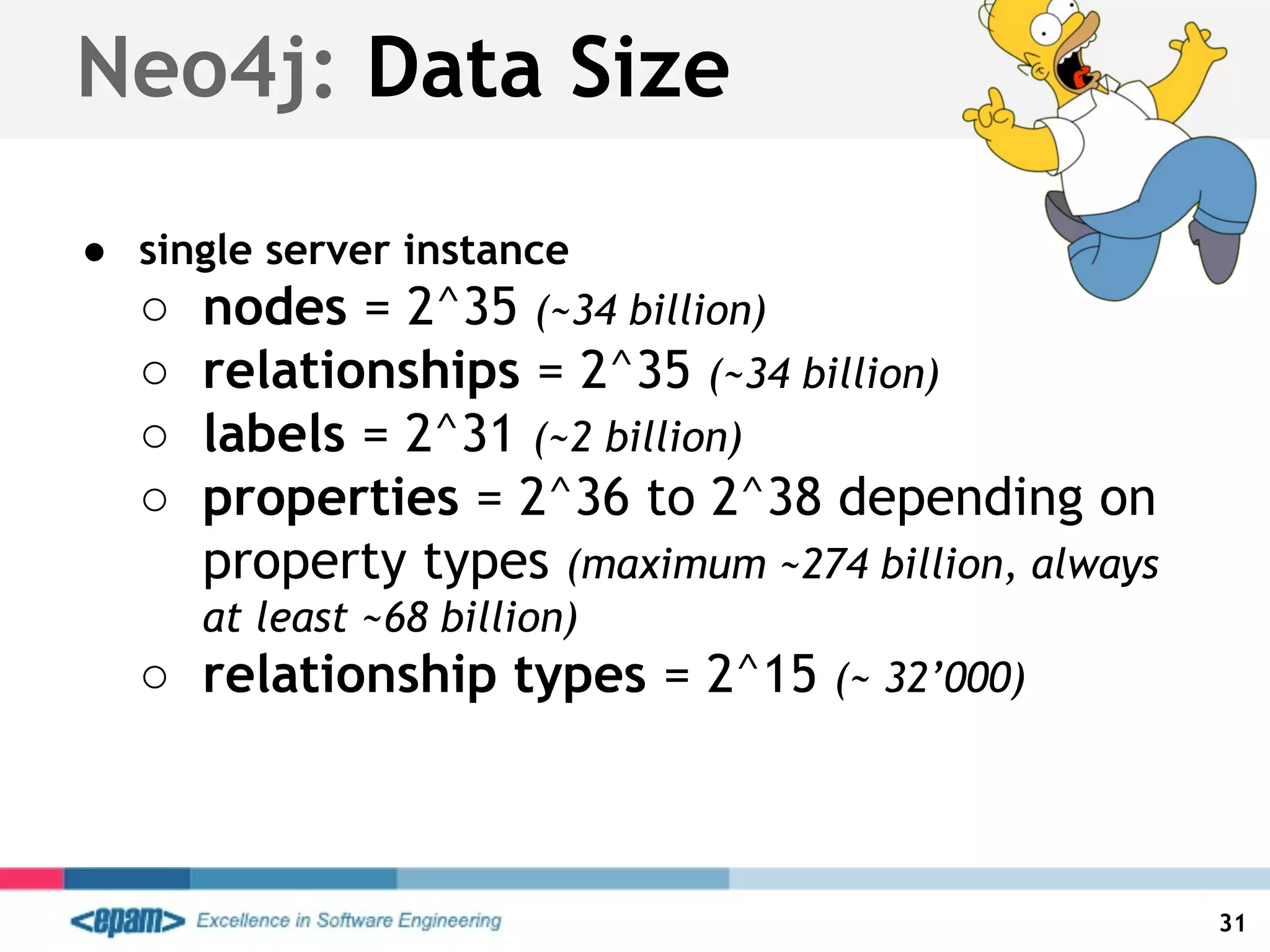 ● single server instance
○ nodes = 2^35 (~34 billion)
○ relationships = 2^35 (~34 billion)
○ labels = 2^31 (~2 billion)
○ properties = 2^36 to 2^38 depending on
property types (maximum ~274 billion, always
at least ~68 billion)
○ relationship types = 2^15 (~ 32’000)
31
Neo4j: Data Size
 