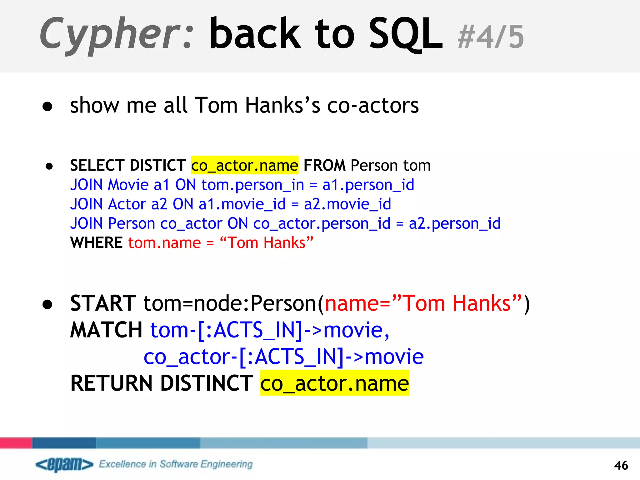 Cypher: back to SQL #4/5
● show me all Tom Hanks’s co-actors
● SELECT DISTICT co_actor.name FROM Person tom
JOIN Movie a1 ON tom.person_in = a1.person_id
JOIN Actor a2 ON a1.movie_id = a2.movie_id
JOIN Person co_actor ON co_actor.person_id = a2.person_id
WHERE tom.name = “Tom Hanks”
● START tom=node:Person(name=”Tom Hanks”)
MATCH tom-[:ACTS_IN]->movie,
co_actor-[:ACTS_IN]->movie
RETURN DISTINCT co_actor.name
46
 