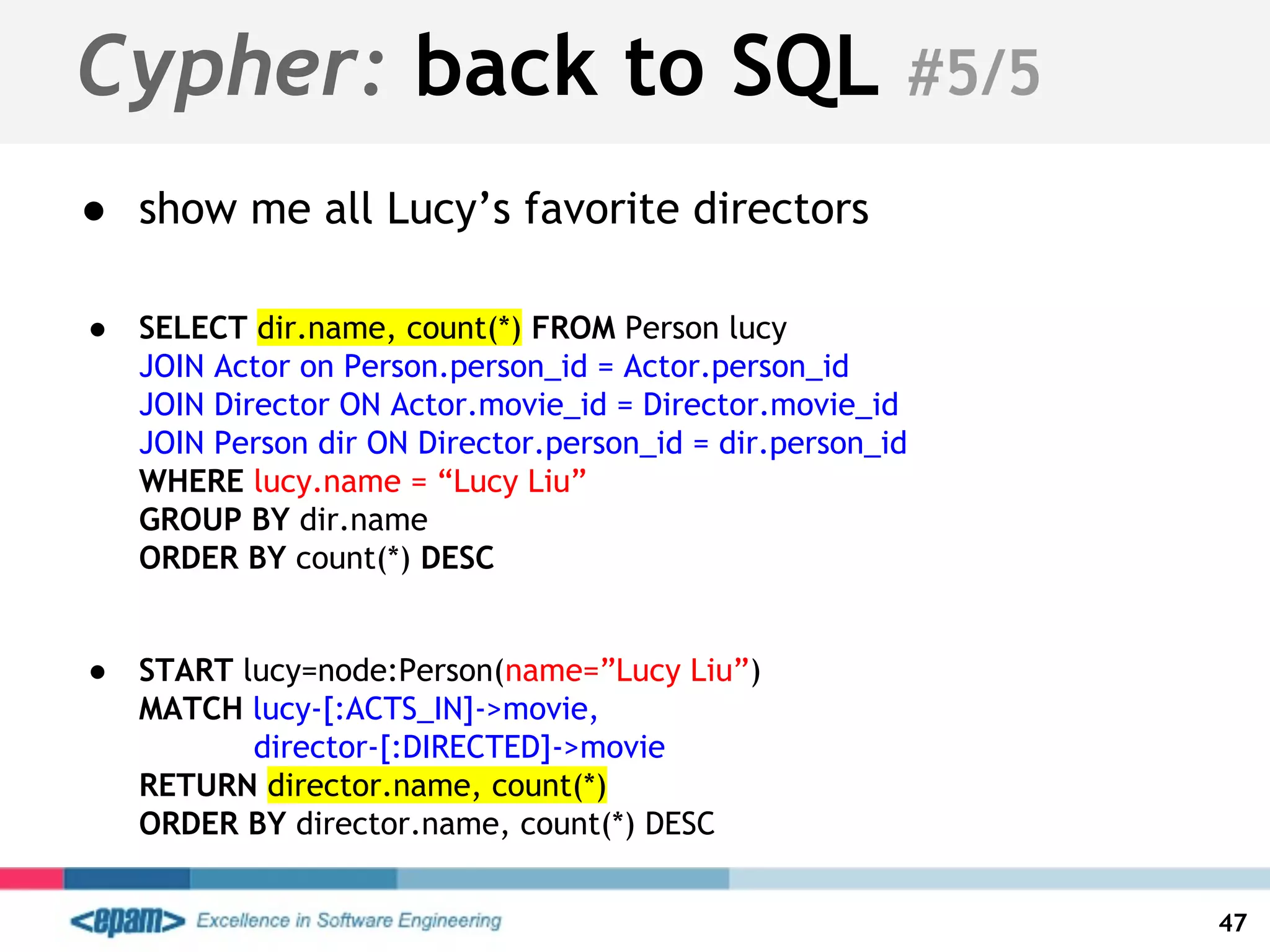 Cypher: back to SQL #5/5
● show me all Lucy’s favorite directors
● SELECT dir.name, count(*) FROM Person lucy
JOIN Actor on Person.person_id = Actor.person_id
JOIN Director ON Actor.movie_id = Director.movie_id
JOIN Person dir ON Director.person_id = dir.person_id
WHERE lucy.name = “Lucy Liu”
GROUP BY dir.name
ORDER BY count(*) DESC
● START lucy=node:Person(name=”Lucy Liu”)
MATCH lucy-[:ACTS_IN]->movie,
director-[:DIRECTED]->movie
RETURN director.name, count(*)
ORDER BY director.name, count(*) DESC
47
 