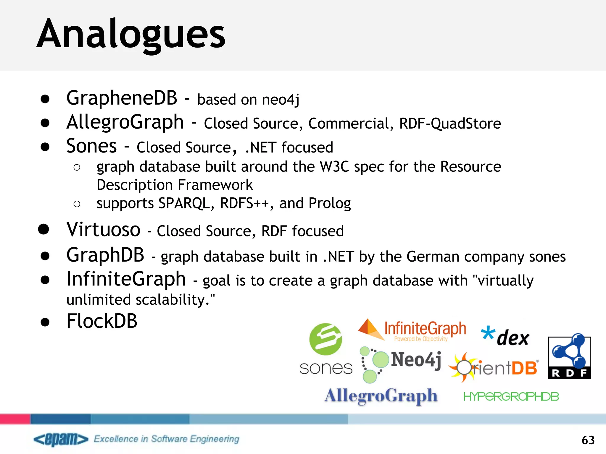 ● GrapheneDB - based on neo4j
● AllegroGraph - Closed Source, Commercial, RDF-QuadStore
● Sones - Closed Source, .NET focused
○ graph database built around the W3C spec for the Resource
Description Framework
○ supports SPARQL, RDFS++, and Prolog
● Virtuoso - Closed Source, RDF focused
● GraphDB - graph database built in .NET by the German company sones
● InfiniteGraph - goal is to create a graph database with "virtually
unlimited scalability."
● FlockDB
Analogues
63
 