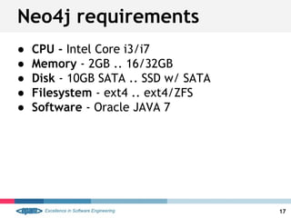 ● CPU - Intel Core i3/i7
● Memory - 2GB .. 16/32GB
● Disk - 10GB SATA .. SSD w/ SATA
● Filesystem - ext4 .. ext4/ZFS
● Software - Oracle JAVA 7
17
Neo4j requirements
 