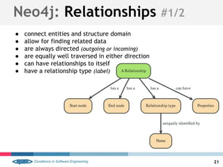 Neo4j: Relationships #1/2
● connect entities and structure domain
● allow for finding related data
● are always directed (outgoing or incoming)
● are equally well traversed in either direction
● can have relationships to itself
● have a relationship type (label)
21
 