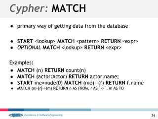 Cypher: MATCH
● primary way of getting data from the database
● START <lookup> MATCH <pattern> RETURN <expr>
● OPTIONAL MATCH <lookup> RETURN <expr>
Examples:
● MATCH (n) RETURN count(n)
● MATCH (actor:Actor) RETURN actor.name;
● START me=node(0) MATCH (me)--(f) RETURN f.name
● MATCH (n)-[r]->(m) RETURN n AS FROM, r AS `->`, m AS TO
36
 
