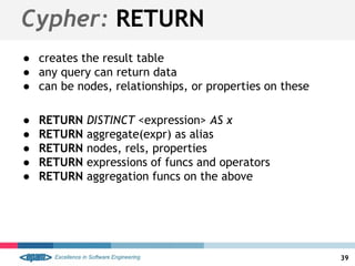 Cypher: RETURN
● creates the result table
● any query can return data
● can be nodes, relationships, or properties on these
● RETURN DISTINCT <expression> AS x
● RETURN aggregate(expr) as alias
● RETURN nodes, rels, properties
● RETURN expressions of funcs and operators
● RETURN aggregation funcs on the above
39
 