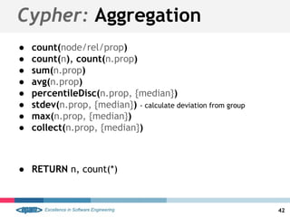 Cypher: Aggregation
● count(node/rel/prop)
● count(n), count(n.prop)
● sum(n.prop)
● avg(n.prop)
● percentileDisc(n.prop, {median})
● stdev(n.prop, {median}) - calculate deviation from group
● max(n.prop, {median})
● collect(n.prop, {median})
● RETURN n, count(*)
42
 