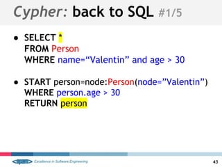 ● SELECT *
FROM Person
WHERE name=“Valentin” and age > 30
● START person=node:Person(node=”Valentin”)
WHERE person.age > 30
RETURN person
Cypher: back to SQL #1/5
43
 