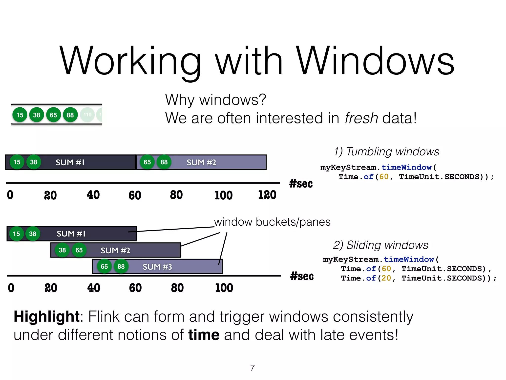 Working with Windows 7 Why windows? We are often interested in fresh data! Highlight: Flink can form and trigger windows consistently under different notions of time and deal with late events! 15 38 65 88 110 120 #sec 40 80 SUM #2 0 SUM #1 20 60 100 120 15 38 65 88 1) Tumbling windows myKeyStream.timeWindow( Time.of(60, TimeUnit.SECONDS)); #sec 40 80 SUM #3 SUM #2 0 SUM #1 20 60 100 15 38 38 65 65 88 myKeyStream.timeWindow( Time.of(60, TimeUnit.SECONDS), Time.of(20, TimeUnit.SECONDS)); 2) Sliding windows window buckets/panes 