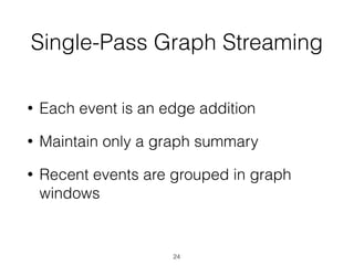 Single-Pass Graph Streaming
• Each event is an edge addition
• Maintain only a graph summary
• Recent events are grouped in graph
windows
24
 