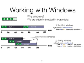 Working with Windows
7
Why windows?
We are often interested in fresh data!15 38 65 88 110 120
#sec
40 80
SUM #2
0
SUM #1
20 60 100 120
15 38 65 88
1) Tumbling windows
myKeyStream.timeWindow(
Time.of(60, TimeUnit.SECONDS));
#sec
40 80
SUM #3
SUM #2
0
SUM #1
20 60 100
15 38
38 65
65 88
myKeyStream.timeWindow(
Time.of(60, TimeUnit.SECONDS),
Time.of(20, TimeUnit.SECONDS));
2) Sliding windows
window buckets/panes
 