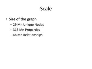 Scale
• Size of the graph
– 29 Mn Unique Nodes
– 315 Mn Properties
– 48 Mn Relationships
 