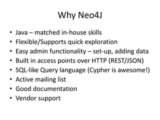 Why Neo4J
• Java – matched in-house skills
• Flexible/Supports quick exploration
• Easy admin functionality – set-up, adding data
• Built in access points over HTTP (REST/JSON)
• SQL-like Query language (Cypher is awesome!)
• Active mailing list
• Good documentation
• Vendor support
 