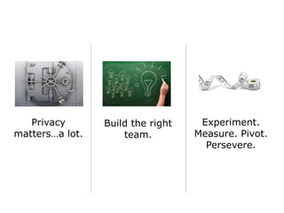 Experiment.
Measure. Pivot.
Persevere.
Privacy
matters…a lot.
Build the right
team.
 