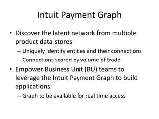 Intuit Payment Graph
• Discover the latent network from multiple
product data-stores
– Uniquely identify entities and their connections
– Connections scored by volume of trade
• Empower Business Unit (BU) teams to
leverage the Intuit Payment Graph to build
applications.
– Graph to be available for real time access
 