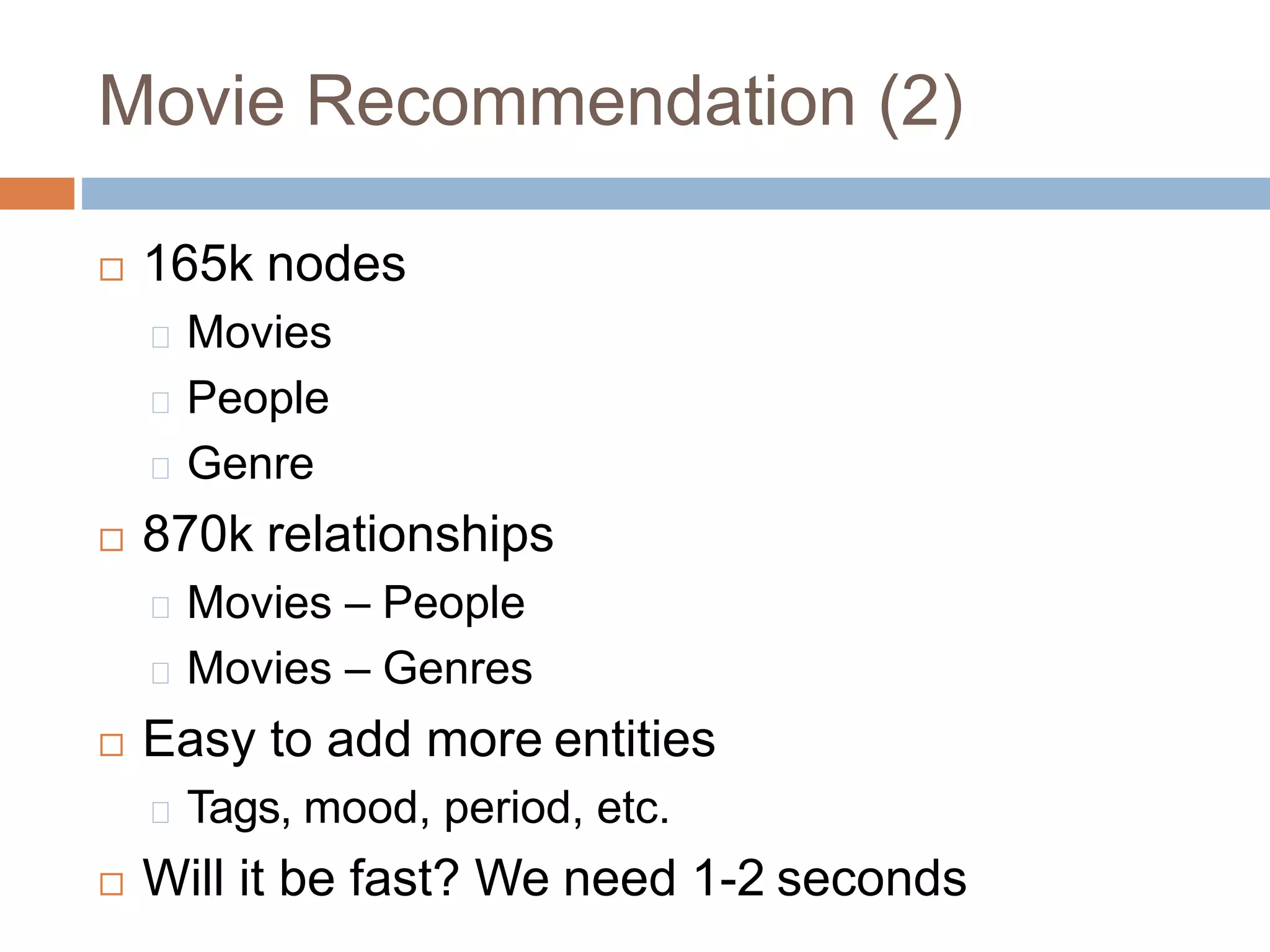  165k nodes
Movies
People
Genre
 870k relationships
Movies – People
Movies – Genres
 Easy to add more entities
Tags, mood, period, etc.
 Will it be fast? We need 1-2 seconds
Movie Recommendation (2)
 