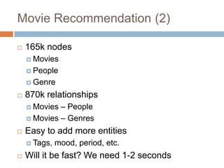  165k nodes
 Movies
 People
 Genre
 870k relationships
 Movies – People
 Movies – Genres
 Easy to add more entities
 Tags, mood, period, etc.
 Will it be fast? We need 1-2 seconds
Movie Recommendation (2)
 