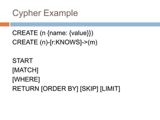 Cypher Example
CREATE (n {name: {value}})
CREATE (n)-[r:KNOWS]->(m)
START
[MATCH]
[WHERE]
RETURN [ORDER BY] [SKIP] [LIMIT]
 