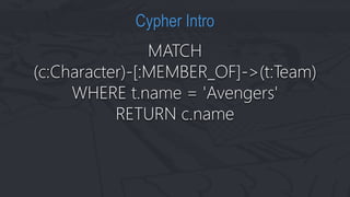 MATCH
(c:Character)-[:MEMBER_OF]->(t:Team)
WHERE t.name = 'Avengers'
RETURN c.name
Cypher Intro
 