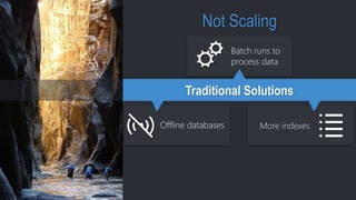 Traditional Solutions
Offline databases
Batch runs to
process data
More indexes
Not Scaling
 