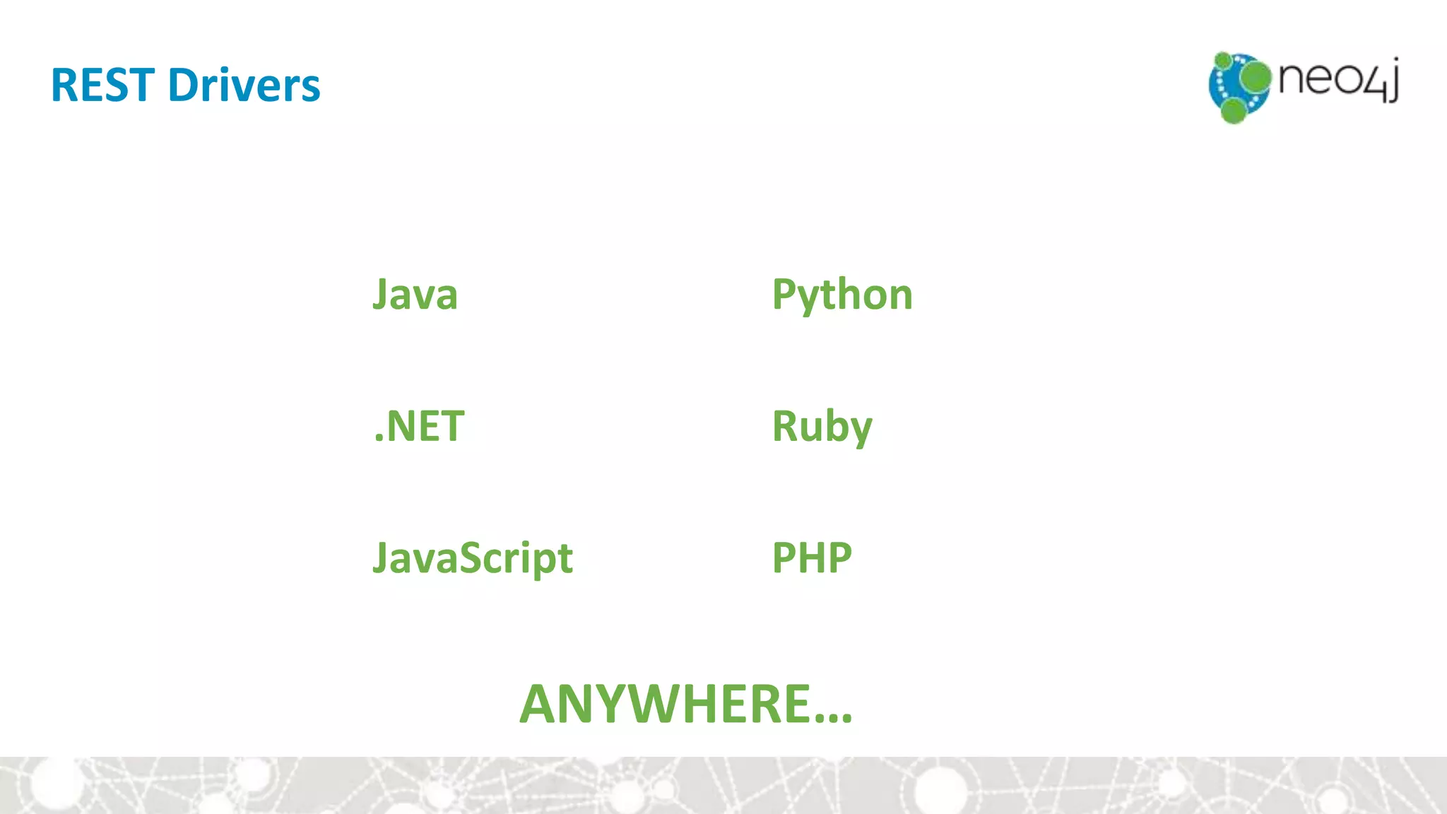 REST Drivers
Java
.NET
JavaScript
Python
Ruby
PHP
ANYWHERE…
 